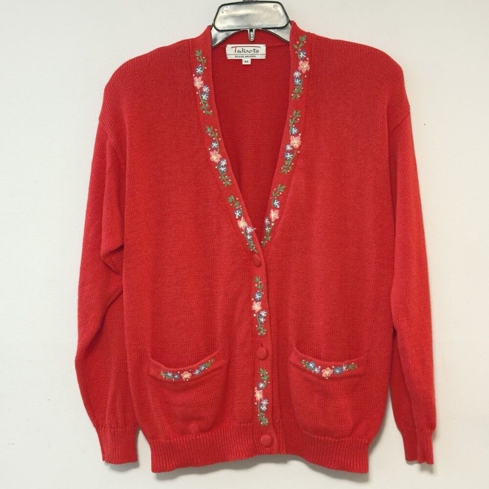 Vintage Talbots‎ Susan Bristol Red Cotton Button Up Cardigan Floral Embroidered